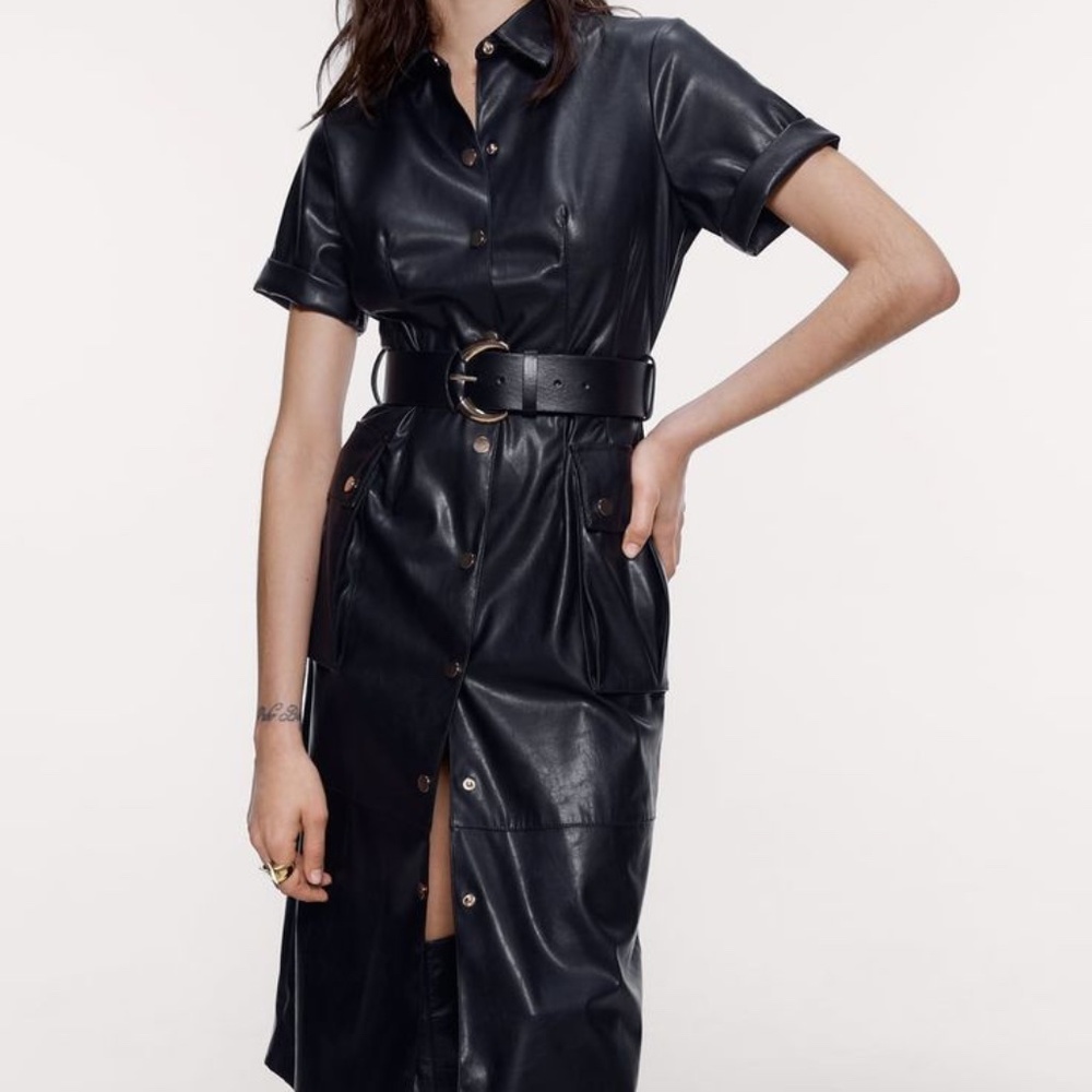 Zara Black Faux Leather Button Up Short Sleeve Pockets Midi Dress, size S